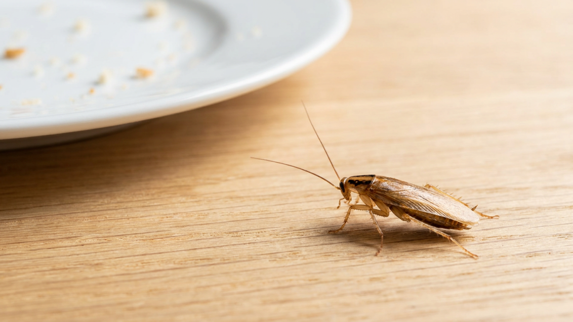Barata sobre mesa de madeira, com prato branco desfocado ao fundo