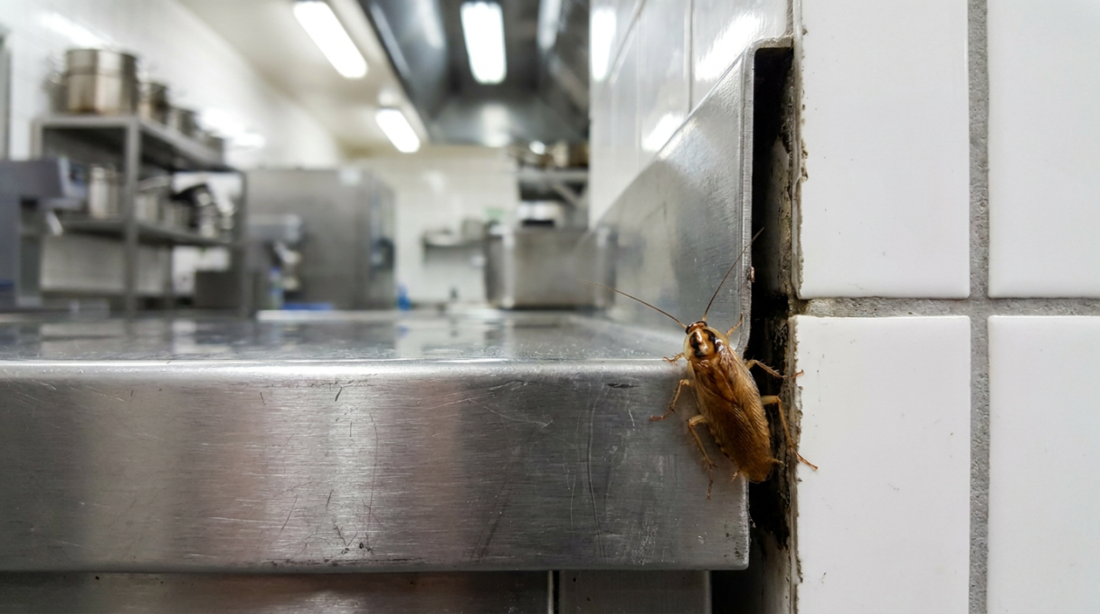 Barata saindo de fenda entre azulejos, ao lado de bancada de inox em cozinha