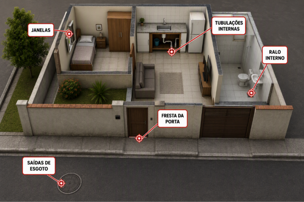 Planta 3D de casa com cômodos e anotações de medidas nas paredes