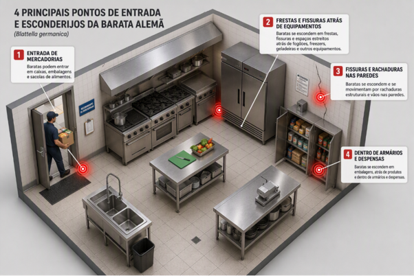 Infográfico de cozinha industrial com pontos de entrada e riscos de contaminação.